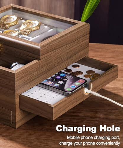 Homde Watch Box for Men Jewelry Organizer with Real Glass Watch Case for Ring, Bracelet, Watch, Necklace, Earrings, and Accessories