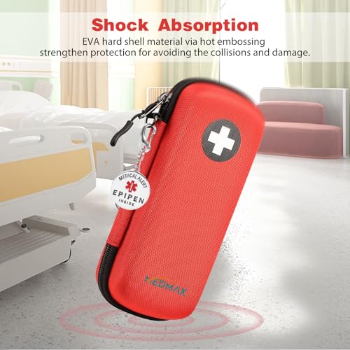 MEDMAX Epipen Carrying Case with Medical Alert Tag, Hard Shell Shock Absorption Travel Medication Organizer Bag Emergency Medical Pouch Holds 2 EpiPens, Asthma Inhaler, Auvi-Q, Allergy Essentials, Red