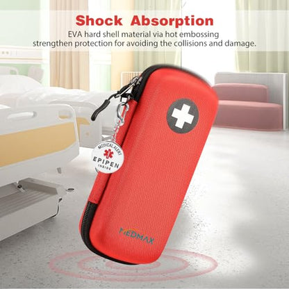 MEDMAX Epipen Carrying Case with Medical Alert Tag, Hard Shell Shock Absorption Travel Medication Organizer Bag Emergency Medical Pouch Holds 2 EpiPens, Asthma Inhaler, Auvi-Q, Allergy Essentials, Red