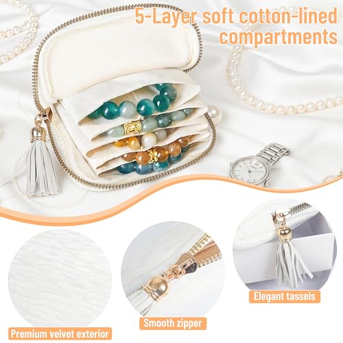 LOTOFUN Small Travel Jewelry Case: 5-Layer Individual Pouch Soft Velvet Bag Organizer With Zipper For Bracelets Bangles Protect From Tangle Scratch For Travelers Fashion Enthusiasts(Cream White) - color: Cream White