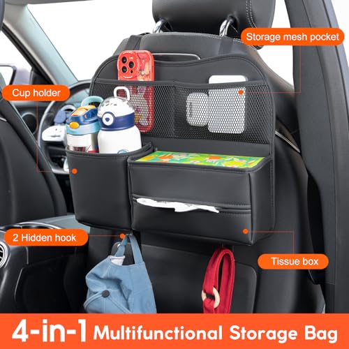 Leather Car Seat Back Organizer with Tissue Holder, Water Bottle Holder, Phone Holder for Road Trips. (Black) - color: Black
