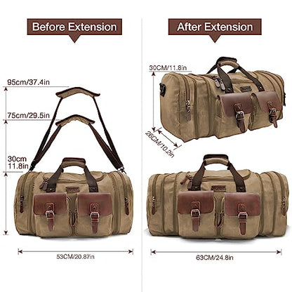 Wildroad 50L Travel Duffel Bag, Expandable Canvas Genuine Leather Duffle Bag Upgraded Overnight Weekender Carry on Bag - color: Coffee, size: Large-50L Duffle Bag
