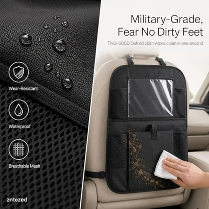 Car Backseat Organizer with 12 Storage Pockets, 12" Touch Screen Tablet Holder, Waterproof Kick Mats Seat Protector, Car Organizers and Storage for Kids, Road Trip Essentials（2 Pack，Black）