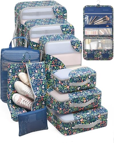 10 Set Packing Cubes for Travel, Gifts for Women Mom,Anti-Tearing Suitcase Organizer,OlarHike Vacation Essentials & Accessories for Cruise Ship - color: 10 Dark Blue Floral