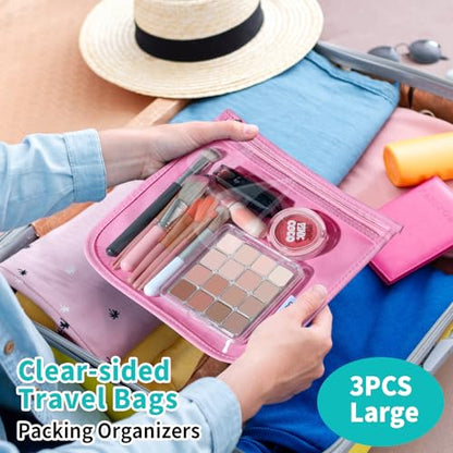 HIONXMGA TSA Approved Toiletry Bag, Set of 3 Clear Travel Toiletry Bag Quart Size Zipper Travel Pouch, Waterproof Makeup Cosmetic Bag for Women Men Kids Toiletries Carry on, Pink Large - color: Pink, 3 Large