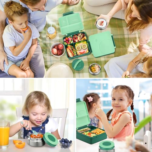 Bento Lunch Box Set for Kids with 8oz Soup Thermo, Leak-Proof Lunch Containers with 4 Compartment, Kids Thermo Hot Food Jar and Insulated Lunch Bag for Kid to School-Green - color: Green