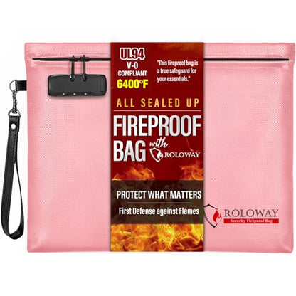ROLOWAY Fireproof Document Bag (14.5 x 11.5 inch), 6400℉ Fireproof Money Bag with Zipper for Cash, Fire Safe Money Pouch with Lock (Pink) - color: Pink