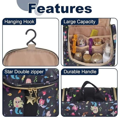 Remobia Hicol Cute Cartoon Hanging Kids Toiletry Bag Children Travel Cosmetic Makeup Organizer Wash Bag Shower bag Over Night Bag Camping Shaving Kit Bag for Boys & Girls (Mermaid Black) - color: Mermaid Black