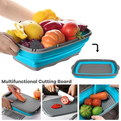 Gintan Collapsible Camping Cutting Board, 9-in-1 Chopping Board with Colander, Kitchen Vegetable Washing Basket for Camping, Camping Gifts Camping Accessories for RV Campers (Blue+Grey) - color: Blue Gray