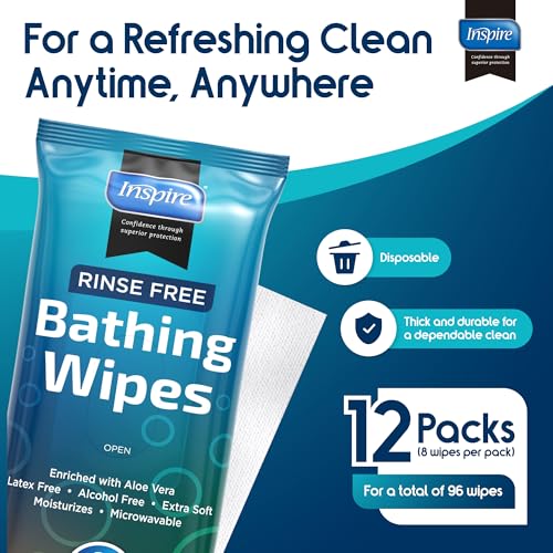 Body Wipes for adults bathing rinse free | Adult Wash Cloths Extra Large, Bathing Wipes for Incontinence With Aloe Vera, 8"x 8" In (96 count) | By Inspire - style: Thick Value Pack - 12 Packs Of 8