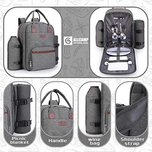 ALLCAMP Picnic Backpack - Insulated Cooler Bag with Compartment, Detachable Wine Glass Holder, Throw Blanket & Cutlery Set, 2 Person Picnic Set for Family Outings, Couple Gifts (Gray) - color: Gray, size: 2 person