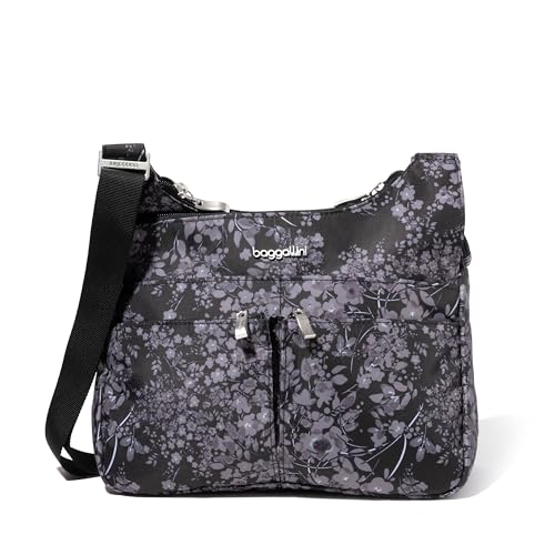 Baggallini Crossbody Travel Bag 11x8.5 Lightweight Water-resistant Nylon Handbag - color: Black Hydrangea