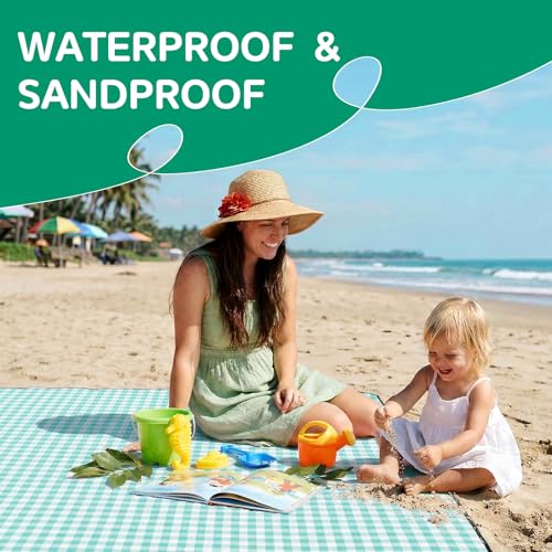 Waterproof Beach Blanket Picnic Outdoor Camping Mat Rug Oversized Extra Large Foldable Sandproof Sand Free Resistant Big XL Giant Towel Hawaii Honeymoon Essentials Women Summer Must Have Vacation Gift - color: Plaid Aqua