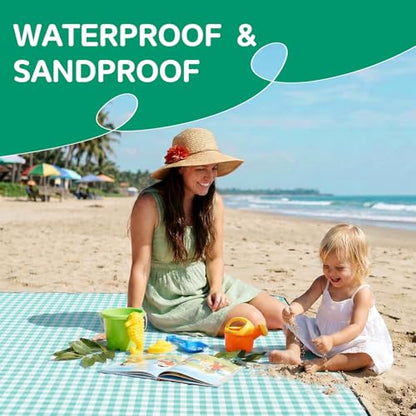 Waterproof Beach Blanket Picnic Outdoor Camping Mat Rug Oversized Extra Large Foldable Sandproof Sand Free Resistant Big XL Giant Towel Hawaii Honeymoon Essentials Women Summer Must Have Vacation Gift - color: Plaid Aqua