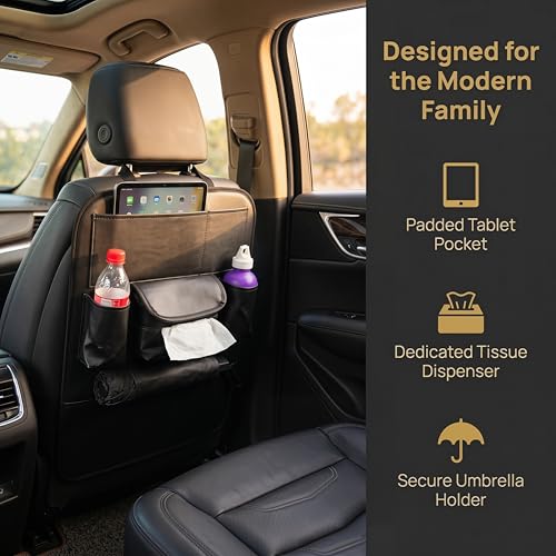 2 Pack PU Leather Premium Car SeatBack Organizer Travel Accessories Kick mats Back seat Protector and Cup Holder Holder Universal Use Seat Covers (23×17 in)