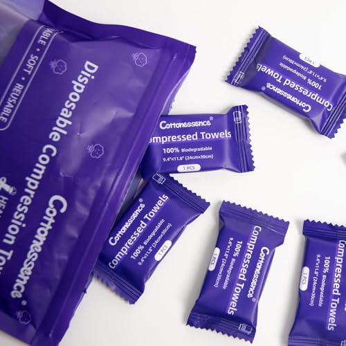 Cottonessence Premium Compressed Towels (150 count)- 30 Count (Pack of 5), 9.4" x 11.8", Portable Cotton Wipes Tablets, Individually Wrapped Coin Tissues for Travel Camping Hiking Outdoor Beauty Salon - size: 30 Count (Pack of 5)