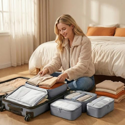 4 Piece Compression Packing Cubes for 3–7 Day Travel, Space Saving Travel Organizers with Breathable Mesh, Double-Zipper Packing Cubes for Carry-On & Suitcases (Silver) - color: Silver