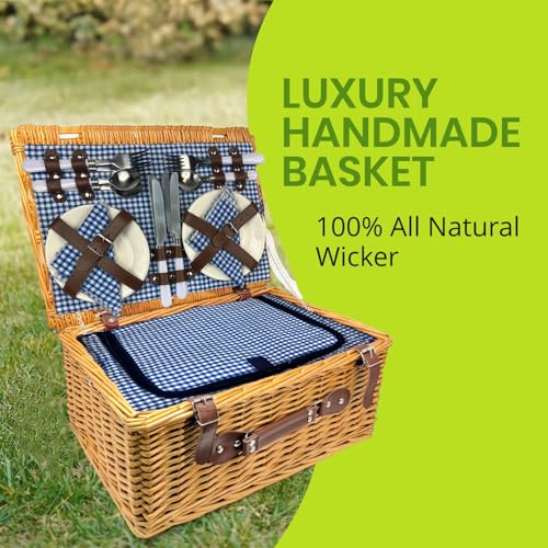 Nature Gear Picnic Basket, Wicker Basket with Handle for Outdoors, Insulated Woven Basket, Includes a Service Kit of Dinnerware & Wine Glasses, Picnic Basket Set for 4, Blue & White - color: Blue & White