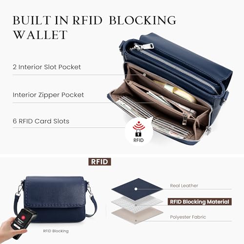 befen Genuine Leather Crossbody Bags for Women Medium Purse with Built in RFID Wallet Womens Soft Cross Body Purse - color: Navy Blue