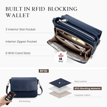 befen Genuine Leather Crossbody Bags for Women Medium Purse with Built in RFID Wallet Womens Soft Cross Body Purse - color: Navy Blue