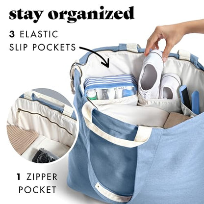 Fit & Fresh XL Beach Tote Bag for Women – XL Travel Tote with Zipper & Pockets, Oversized Canvas Pool Bag, Weekender Carry-On - color: Denim Blue