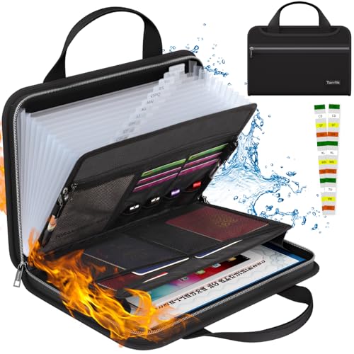 Tamfile Fireproof Accordion File Organizer with Handle, 13 Pocket Transparent Expanding File Folder with Zipper & Labels, File Folder with Multi-Pockets Paper Organizer Folder for Letter A4 Files - color: Black, style: Clear Pocket