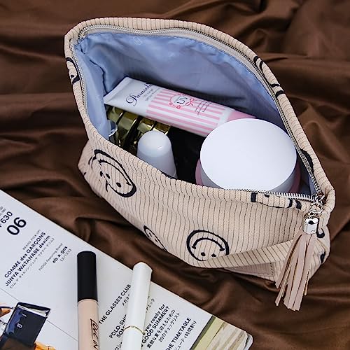 BOYATU Corduroy Travel Makeup Bag: Machine Washable 30+ Times, Fits 4 Bottles & 8 Brushes (22cm), Ultra-Light 120g, Canvas Lined Cosmetic Organizer Pouch, Large Toiletry Purse Gift for Women(01-Khaki)