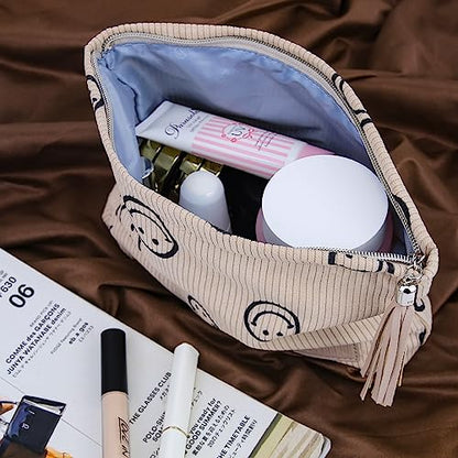 BOYATU Corduroy Travel Makeup Bag: Machine Washable 30+ Times, Fits 4 Bottles & 8 Brushes (22cm), Ultra-Light 120g, Canvas Lined Cosmetic Organizer Pouch, Large Toiletry Purse Gift for Women(01-Khaki)