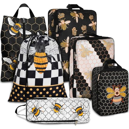 6 Pcs Compression Packing Cubes Waterproof Suitcase Travel Bag Luggage Backpack Organizer Travel Cubes for Packing-Black and Gold Bees - color: Black Bees