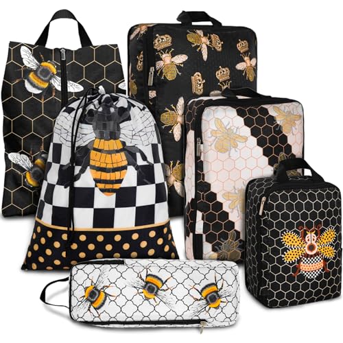 6 Pcs Compression Packing Cubes Waterproof Suitcase Travel Bag Luggage Backpack Organizer Travel Cubes for Packing-Black and Gold Bees - color: Black Bees