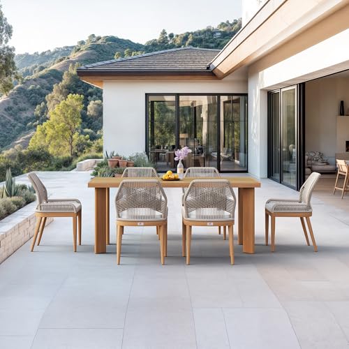 PURPLE LEAF 7 Pieces Patio Dining Set Aluminum Modern Rectangular Table and Wicker Chairs with Cushions for Kitchen Porch Garden Outdoor Furniture Sets, Teak - color: Teak, size: 7 PCS, style: Rectangular