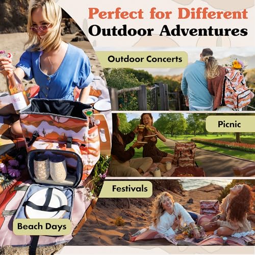 Lax & Daisy Travel Picnic Backpack for 2 Persons - 14 Piece Set Cooler Bags Insulated for Beach, Camping, Hiking & Parks with Blanket, Tumblers, Plates, Gold Cutlery & Cutting Board (Cactus Print) - color: Desert Daze