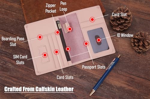STAR VISTA Phoenix Leather Passport Holder, Calfskin Travel Wallet - RFID Blocking, ID Window, Zipper Pocket, Pen & Notebook Included, Pale Pink - color: Pale Pink Calfskin