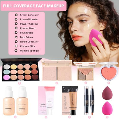 All-in-One Makeup Kit for Teens Women Full Kit, Makeup Gift Set for Girls, Makeup Essential Bundle Includes Eyeshadow Foundation Lipsticks Lipgloss Mascara Eyeliner Contour Stick Cosmetic Brush Set