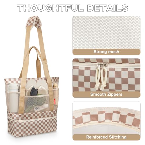 WOOMADA Beach Tote Bag With Cooler, Large Mesh Beach Bags for Women with Wet Pocket, Pool, Swim, Travel Essentials - color: Brown Checkerboard