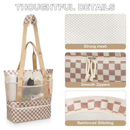 WOOMADA Beach Tote Bag With Cooler, Large Mesh Beach Bags for Women with Wet Pocket, Pool, Swim, Travel Essentials - color: Brown Checkerboard