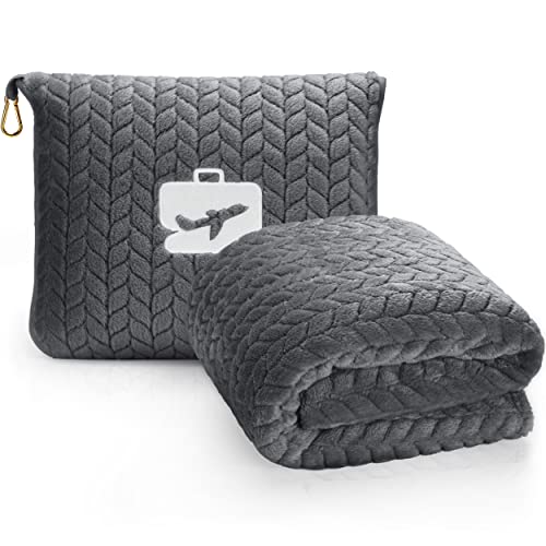 EverSnug Travel Blanket & Pillow 68x42 - Premium Ultra-Soft Microfleece 2 in 1 Compact & Packable Flight Blanket with Soft Bag Pillowcase, Hand Luggage Sleeve and Backpack Clip (Grey) - color: Grey