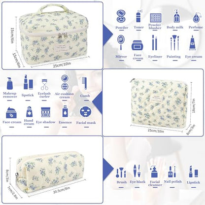 Gosect Makeup Bag Set, Quilted Makeup Bag, Large Floral Cosmetic Bag for Women, Cute Cotton Makeup Bags, Flower Travel Toiletry Organizer Bag (Blue Floer) - color: LSHK