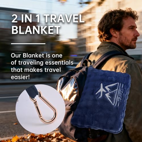 Travel Blanket and Pillow-2-in-1, Ultra-Soft&Compact,Airplane Blanket with Hand Luggage Belt and Backpack Clip,Travelers Accessories Gifts, 61x43 Inches（Navy） - color: Navy