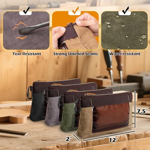 Marscamd 4 Pack Heavy Duty Tool Pouch with Carabiner, 12” Canvas Tool Pouch Bag with Clear Window (4 Colors: Black, Gray, Green, Khaki)