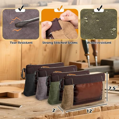 Marscamd 4 Pack Heavy Duty Tool Pouch with Carabiner, 12” Canvas Tool Pouch Bag with Clear Window (4 Colors: Black, Gray, Green, Khaki)
