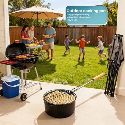 Portable outdoor camping pot, detachable long handle, popcorn pot, non-stick coating and mesh cover, portable and easy to store, black, stainless steel handle with wooden handle for heat resistance