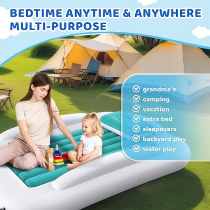 Inflatable Toddler Travel Bed - 60 Inches Portable Toddler Bed for Travel with Safety Sides - Cozy Kids Air Mattress Set with High-Speed Pump & Carry Case - Easy to Inflate(Teal Blue) - color: Teal Blue
