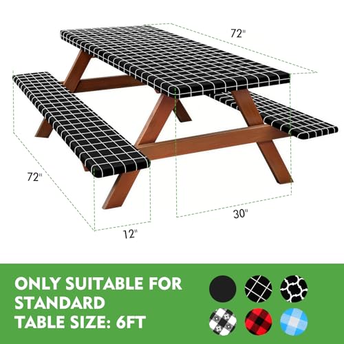 Picnic Table Cover with Bench Covers, Fitted 6ft Waterproof Tablecloth Set for Outdoor Camping & RV - Includes 1 Table Cover & 2 Bench Covers with Drawstring Storage Bag, 30"x72", White Black Grid - color: White Black Grid