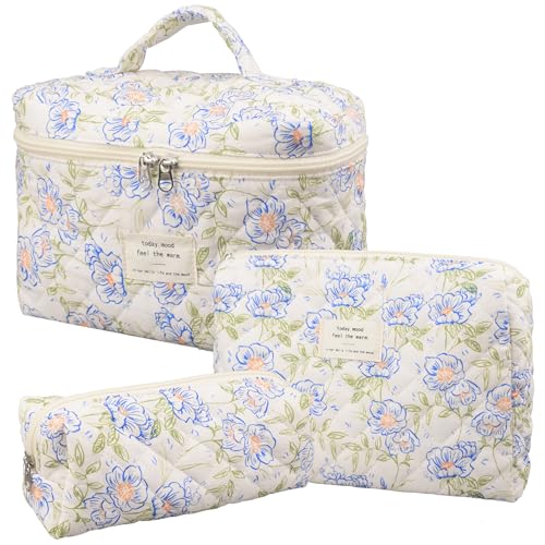 honitty Makeup Bag,Quilted Cosmetic Bags,Large Floral Make Up Organize bag,Makeup Bag Set for Women,Flower Travel Toiletry Bag - color: Blue-Flower