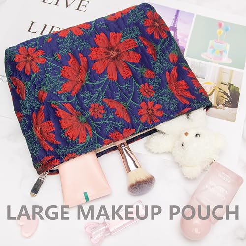 PAZIMIIK Makeup Bag Large Cotton Zipper Pouch for Purse Travel Canvas Make Up Organizer for Women Cosmetic,Brocade Navy Blue - color: Brocade Navy Blue