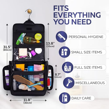 Extra Large (11.8”x11.8”x4”) Hanging Travel Toiletry Bag for Men and Women - Cosmetic Travel Bag With Shoulder Strap - Waterproof Hygiene Bag with Metal Swivel Hook and 19 Compartments for Toiletries - color: XXL Jet Black