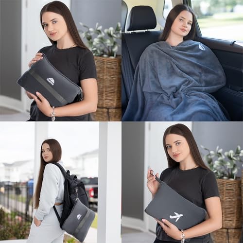 BlueHills Travel Blanket Pillow in Mini Soft Case Premium Plush Airplane Blanket Soft Bag Compact Pack with Luggage Belt and Backpack Clip Small Lightweight Traveling Plane Essentials - Grey Gray M01 - color: Gray-m01