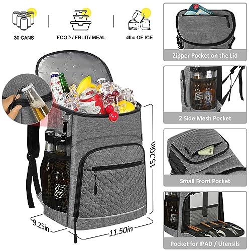 Cooler Backpack Insulated Leakproof Waterproof Backpack Cooler Bag 30/45 Cans, Large Capacity Lightweight Travel Camping Beach Backpack Cooler Ice Chest for Men and Women - color: gray, size: 30 Cans