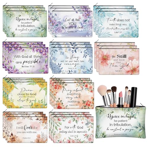 30 Pcs Christian Makeup Bags with Inspirational Flower Religious Gift Bible Verse Zipper Makeup Pouches Bulk Canvas Cosmetic Bag for Women Church Travel Appreciation - style: Religious